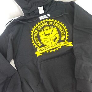 MacGyver School of Engineering Improvise/ Die Black Gildan Hoodie Sweatshirt Med
